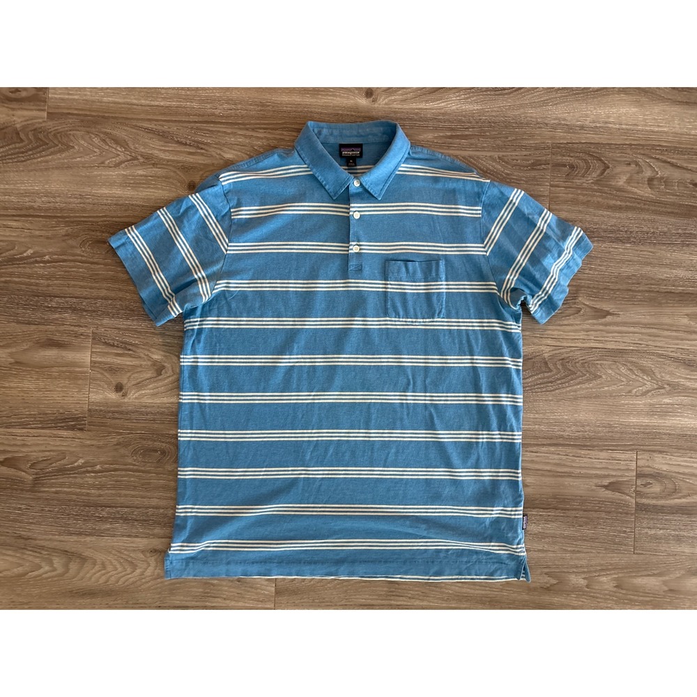Patagonia Organic Cotton Striped Polo Shirt Mens XL Blue White Short Sleeve